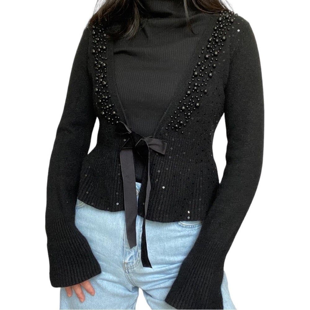 Soft angora beaded velvet  tie cardigan - Picture 4 of 4